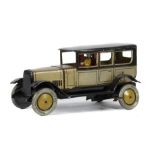 Limousine mit Chauffeur J. Distler, Nürnberg, Blech, um 1925, golden und schwarz lithografiert,