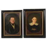 Maler des 19. Jh. Paar Biedermeier-Porträts: "Junge Dame mit Spitzenkragen und Rose im bunten Gürtel