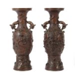 Vasenpaar China, 19./20. Jh., Bronze, zwei balusterförmige Vasen mit aufgelegtem Rank- und
