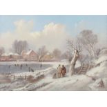 Train, Edward England 1801 - 1866. "Eisvergnügen", verschneites Dorf mit angrenzendem Weiher, darauf