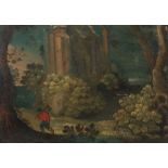 Maler des 18./19. Jh. "Landschaft mit Tempelruine auf einer Waldlichtung", die Architektur von