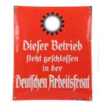 Emaille-Schild Weimar, um 1940, "Dieser Betrieb steht geschlossen in der deutschen Arbeitsfront",