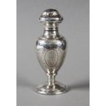 A SALT SHAKER Vienna, ca. 1900 Silver, baluster form with engraved decor and ligate monogram,