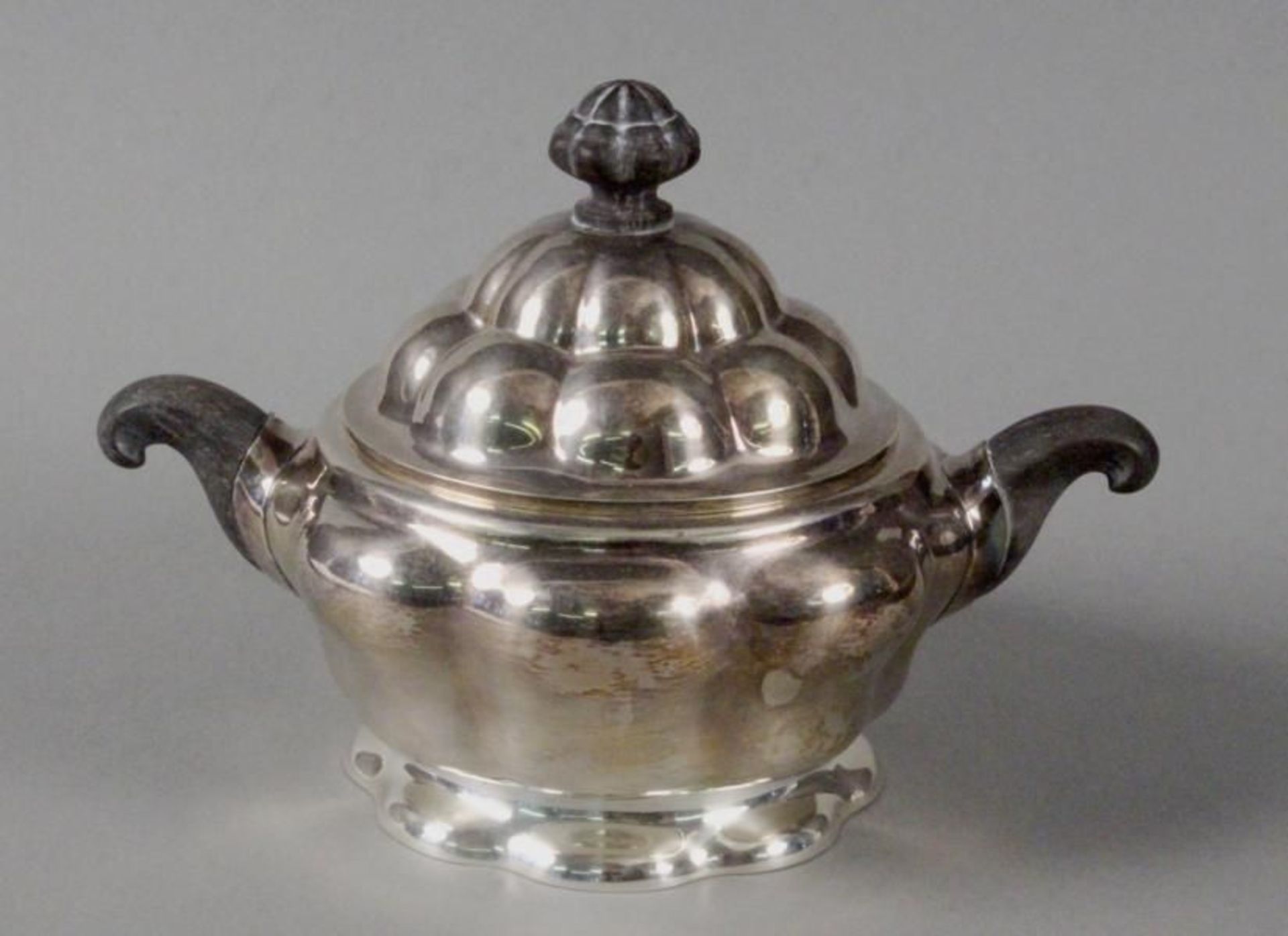 A SUGAR BOWL Sweden Silver, Baroque style, handles and knob ae made of ebonized wood, monogram