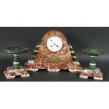 AN ART DECO MANTEL CLOCK GARNITURE France ca. 1925 Different coloured marble casing with two