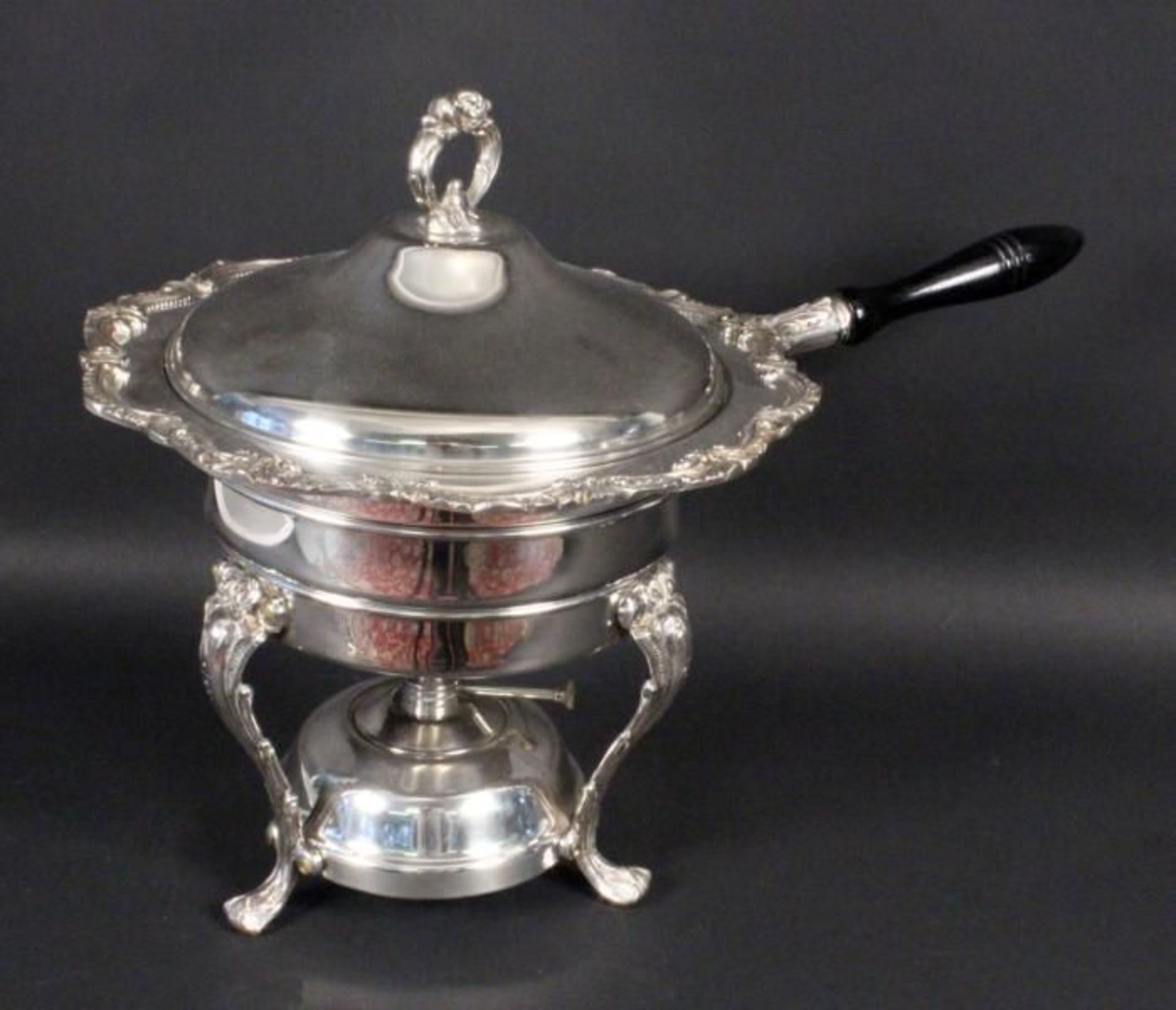 A FONDUE PAN USA, 20th century Pan with lid, water bath, stand and rechaud, silver plate with