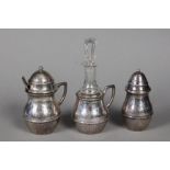 AN ART DECO SET FOR SPICES Sweden Silver, hammered decoration, with original glass inserts, 3