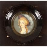 Opening: 50 EUR    A MINIATURE of an elegant lady with hat, colourful painted on ivory, diameter