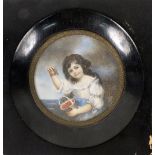 Opening: 90 EUR    MINIATURE A girl with cherries. Painted on ivory. Diameter 9cm, with frame 15,