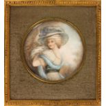 Opening: 70 EUR    A MINIATURE of an elegant lady with hat, colourful painted on ivory, signed: