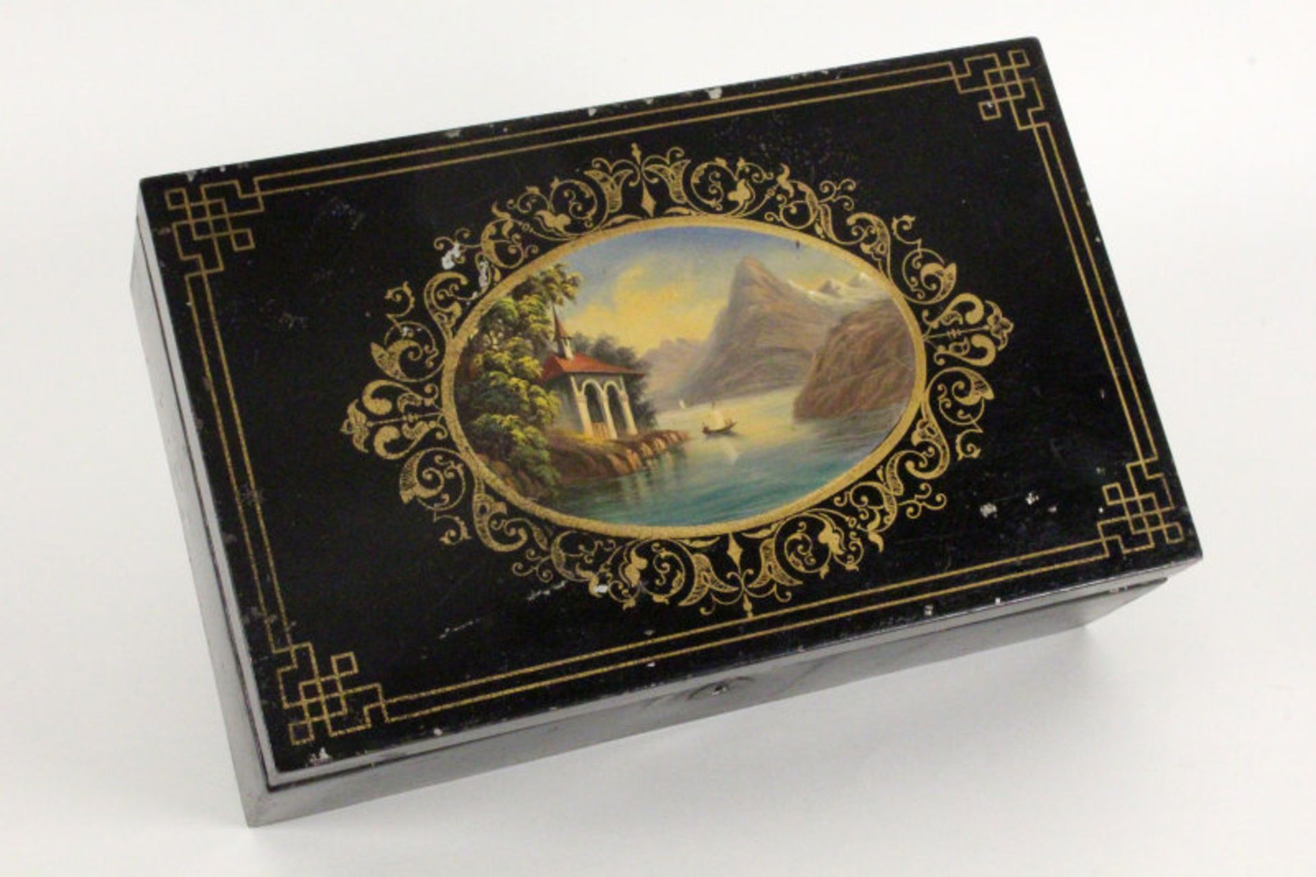 Opening: 120 EUR    A SWISS CASH BOX 19th century Black lacquered metal with handpainted romantic