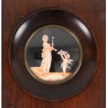 Opening: 60 EUR    A MINIATURE with cupids scene. Gouache on ivory. Diameter 7cm, with frame 13,