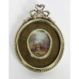 Opening: 80 EUR    A MINIATURE Coloured painted view of a village, oil on board, oval,
