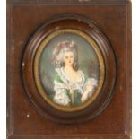 Opening: 50 EUR    A MINIATURE of an elegant lady de Rococo, colourful painted on ivory, oval, 6.