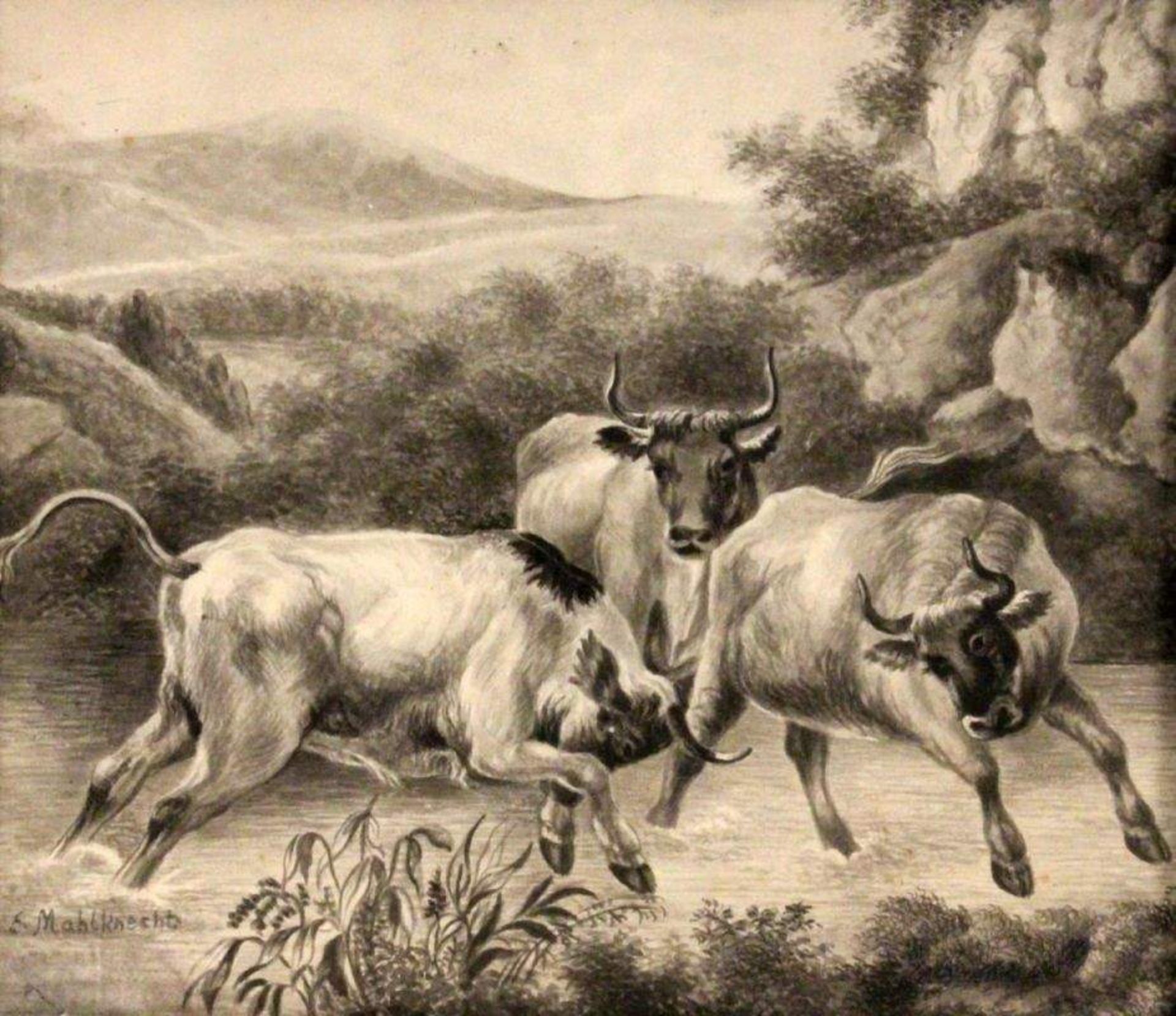 MAHLKNECHT, EDMUND (attr.)Wien 1820 - 1903 Kämpfende Stiere. Bleistift-Zeichnung, signiert. 24,
