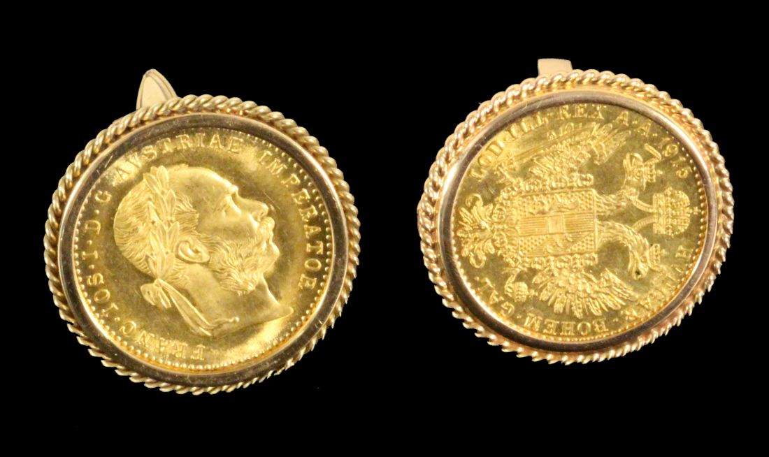 PAAR GOLDENE MANSCHETTENKNÖPFEmit Goldmünzen, Kaiser Franz Joseph I 1915. Zus. ca. 16,20g. Fassung