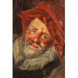 PORTRAITMALERum 1900 Bärtiger Mann mit rotem Hut. Öl/Holz, 29x20cm, Ra. Verso Herbstlandschaft.