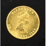 MAPLE LEAF GOLDMÜNZEKanadische 20 Dollar Münze, 1/2 oz. Prägejahr 1989. D.25mm, ca. 15,