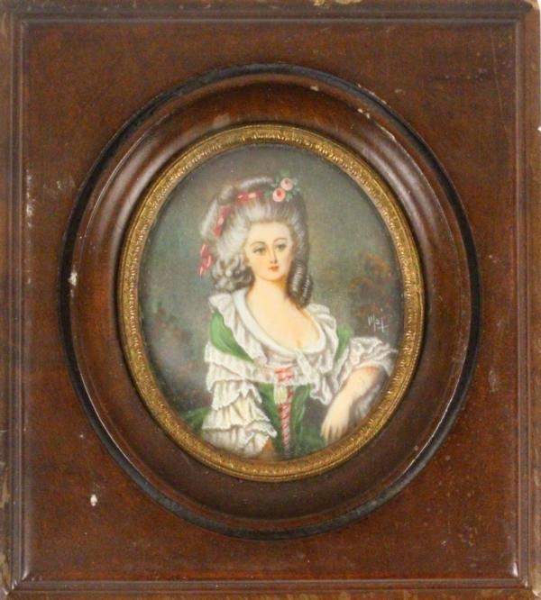 MINIATUReiner eleganten Dame de Rokoko. Farbig auf Elfenbein gemalt. Oval, 6,5x5,5cm, mit Rahmen