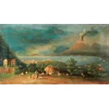 ITALIENISCHE SCHULE19.Jh. Blick auf die Bucht von Neapel mit Vesuv. Öl/Lwd., rest. 28x50,