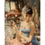 DOMERGUE, JEAN GABRIELBordeaux 1889 - 1962 Paris Junge Pariserin im Straßencafé. Öl/Lwd.,