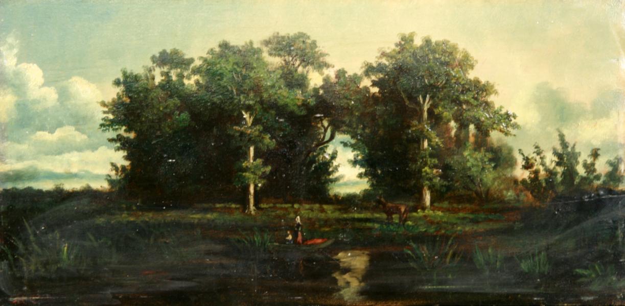 MONOGRAMMIST M.C.19.Jh. Waldlandschaft mit Bäuerin und Esel an einem Bachlauf. Öl/Holz, undeutl.