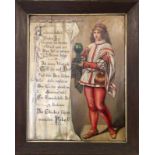 HISTORISMUS WIRTSHAUSBILDDeutsch 1901 Jüngling in Kleidung der Renaissance mit Weinglas. Daneben ein