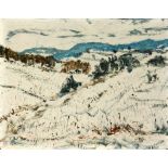 GRUNER, K.W. Deutscher Maler, 20.Jh. Verschneite Berglandschaft. Öl/Holz, signiert. 29,5x37,5cm,