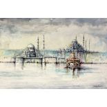 GÜNELTürkischer Maler, 20.Jh. Blick über den Bosporus auf Istanbul. Aquarell, signiert und dat.: