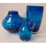 Whitefriars Glass, three items including a blue conical glass Vase, 17cm high, a blue compressed