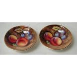 A pair of small Royal Worcester dishes, hand painted with peaches and cherries against a mossy bank,