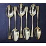 A set of six late 18th century George III silver table spoons, various makers from 1783 to 1793 each