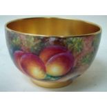 A Royal Worcester Cabinet Bowl, hand painted with peaches and grapes against a mossy bank, signed