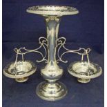 A George VI silver Epergne, the central trumpet shape vase with pierced rim flanked by a pair of