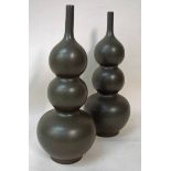 A pair of Chinese triple gourd vases, narrow neck, seaweed green ground, impressed six character