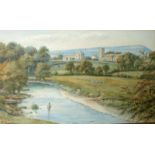 F Cawthorne, The River Hodder at Mitton with figures fishing and tending sheep, signed and dated