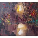 George R Deakins (1911-1982) Moonlit River scene, impressionistic oil on board, signed Deakins,
