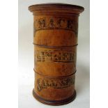 A Victorian treen spice box of sectional cylinder form inscribed to each section: Mace, Ginger,