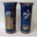 A pair of Wiltshaw and Robinson Carlton ware vases with flared neck, chinoiserie decorated in the