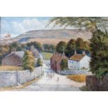 F Cawthorne, Downham Village looking towards Pendle with Shepherd and Sheep, signed watercolour,