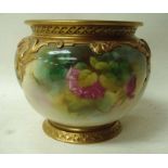 A Royal Worcester cache pot of compressed circular form, hand painted with pink roses on a gadrooned