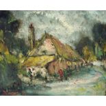 George R Deakins (1911-1982) Figures by a Country Cottage, impressionistic oil on board signed