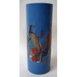 A Japanese Satsuma Vase of straight sided cylindrical form, painted in enamels and gilt with group