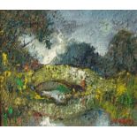 George R Deakins (1911-1982) Figure by a Packhorse Bridge, impressionistic oil on board, signed