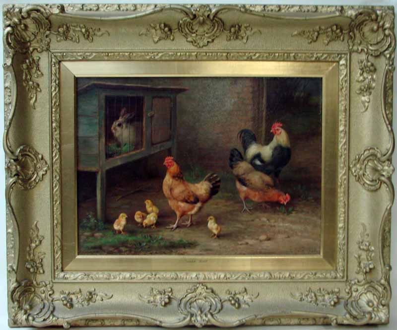 Edgar Hunt (1876-1953), Cockerel, Hens & Chick in a Farm Yard with a Rabbit in a Hutch behind,