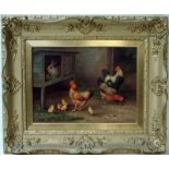 Edgar Hunt (1876-1953), Cockerel, Hens & Chick in a Farm Yard with a Rabbit in a Hutch behind,
