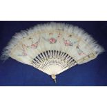 A 19th century Chinese ivory and feather folding fan, the guards and sticks carved, pierced and