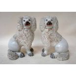 A pair of Victorian Staffordshire models of seated King Charles Spaniels, fritwork head, coat end
