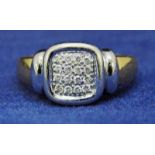 A gentleman’s 18ct yellow and white gold ring, pave set with sixteen diamonds in central square