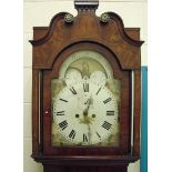 A 19th century longcase clock, the eight day movement striking a a bell, painted arch top face